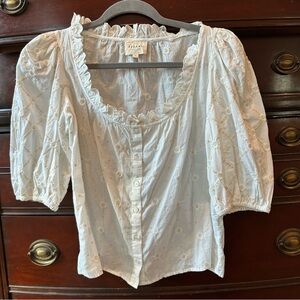 Sezane Cream Ruffled Blouse with flower embroidery